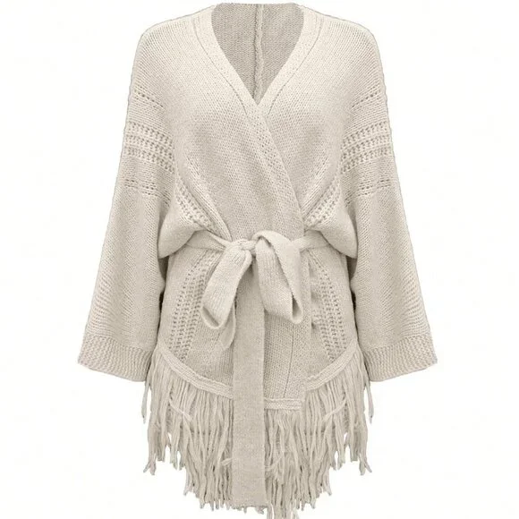 Khaki Elegant Women's Drop Shoulder Hollow Out Cardigan - Picture 7 of 11